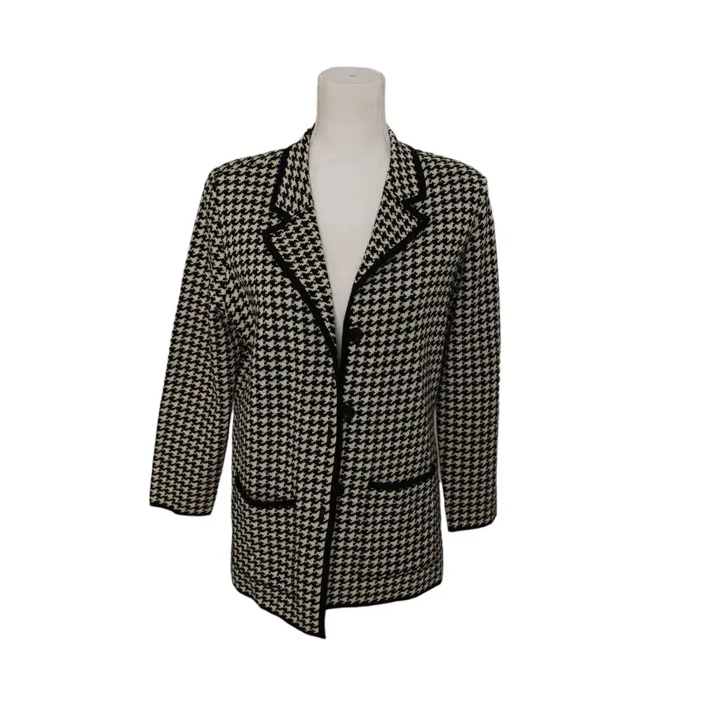 Kate Hill Italian Merino Wool black ivory cream Houndstooth‎ stretchy blazer med